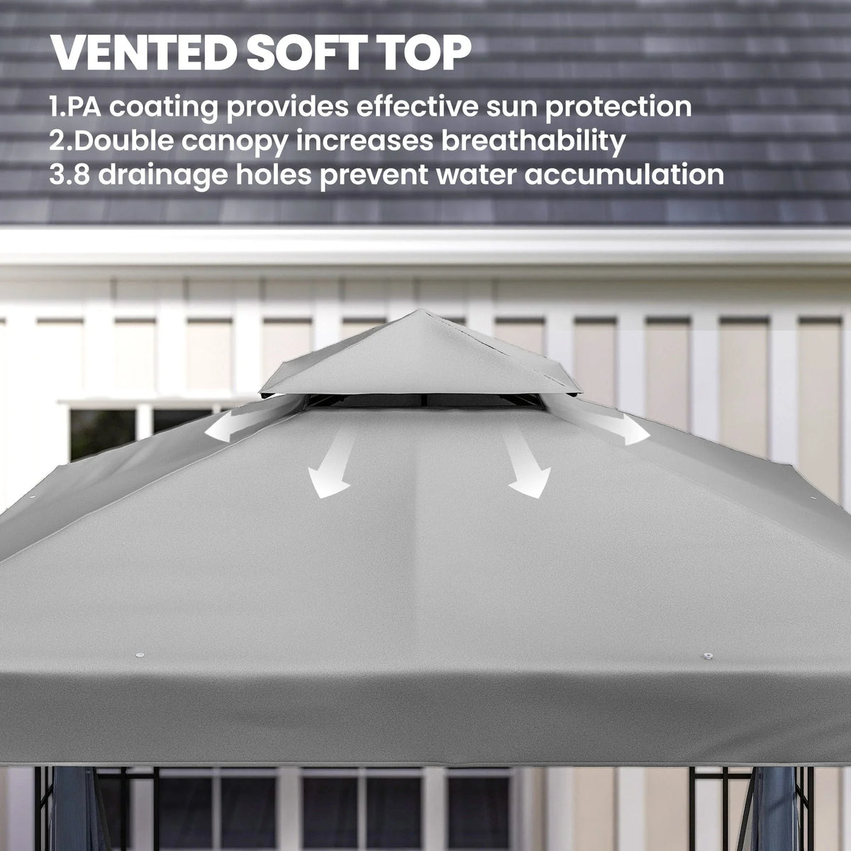 Light grey patio gazebo canopy with vented soft-top roof and airflow panels