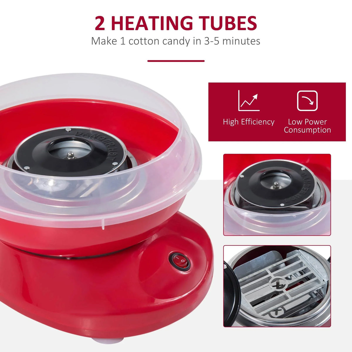 Red cotton candy maker base with clear bowl and black heating plate