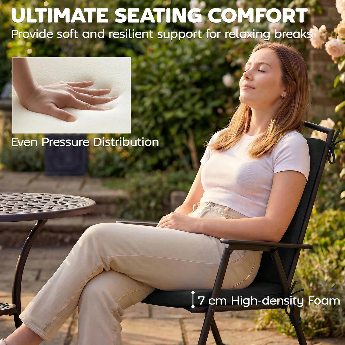 Black seat cushion with high-density foam for supportive comfort