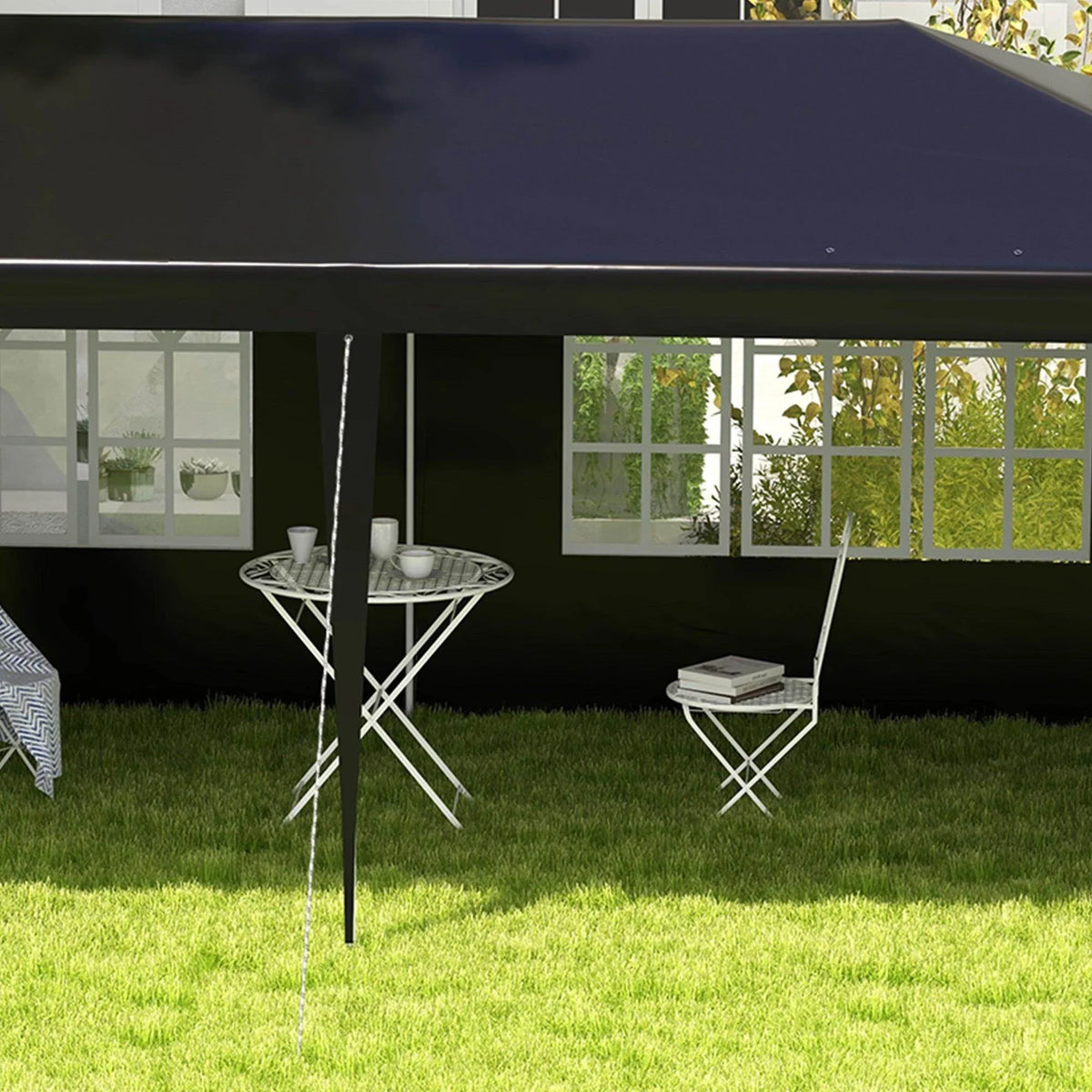 Black garden gazebo tent with open side, clear window panels, support poles, and hanging ropes