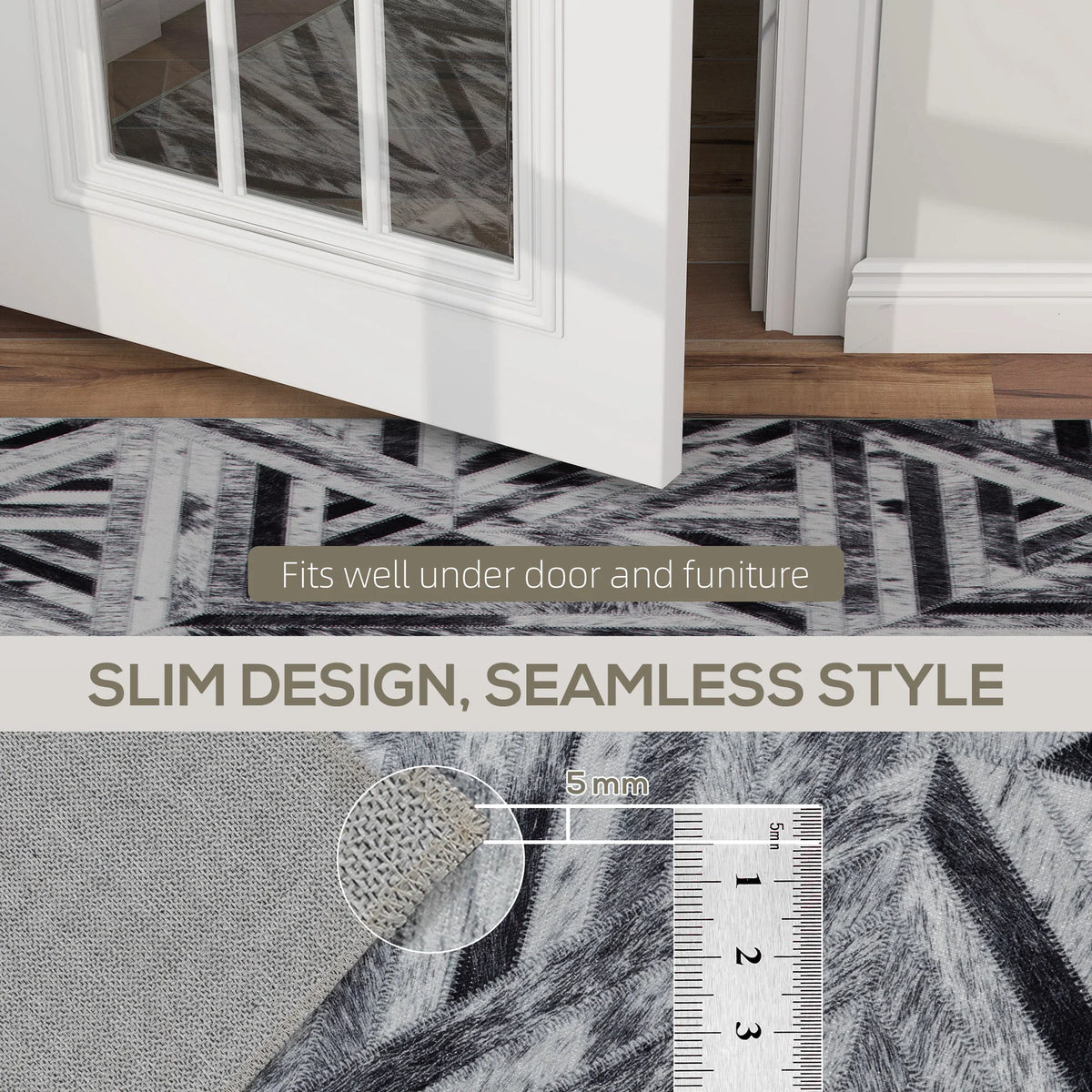 Slim black and gray rug with seamless look and low-profile 5 mm thickness
