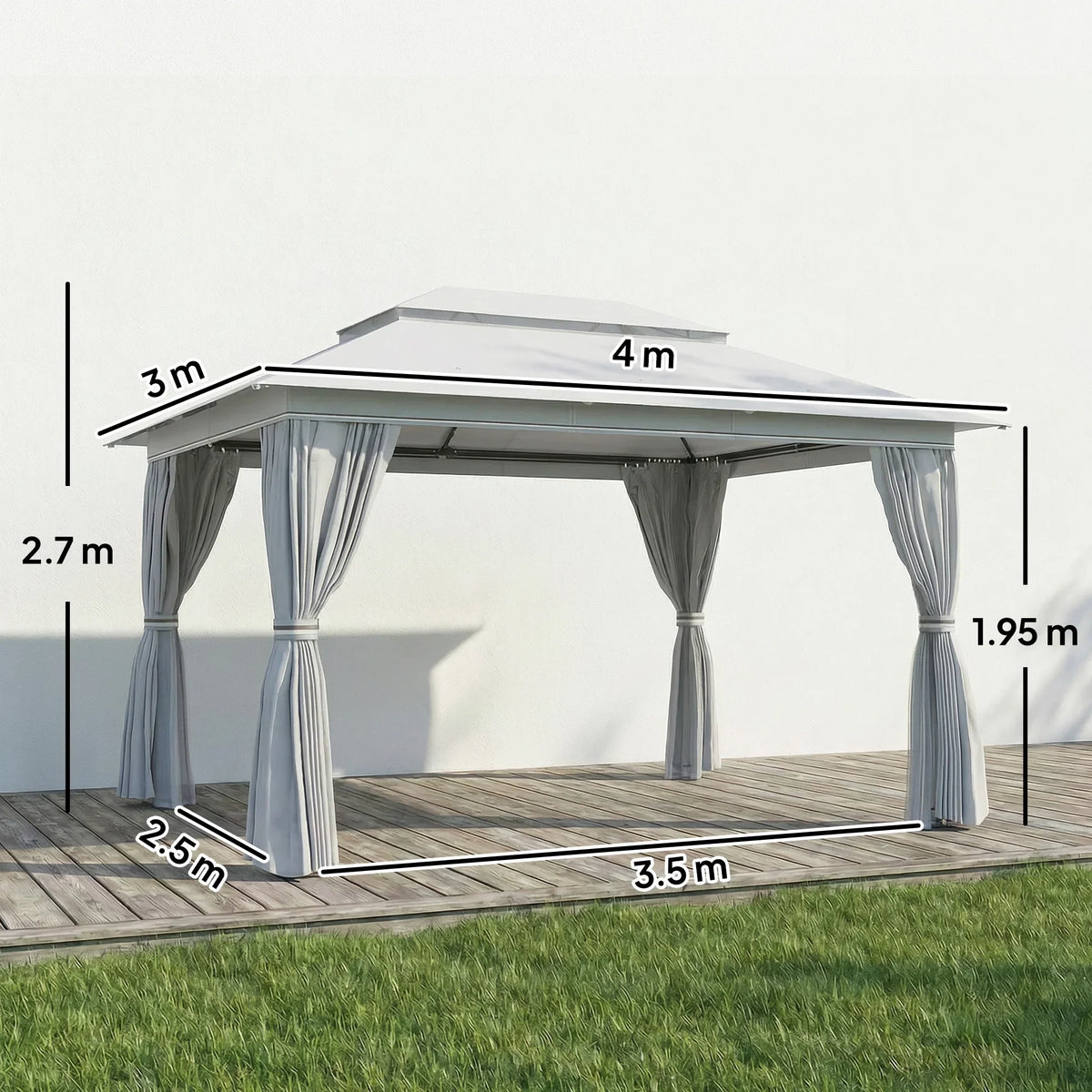 Dark grey 3 m x 4 m gazebo with peaked canopy and four hanging curtain panels