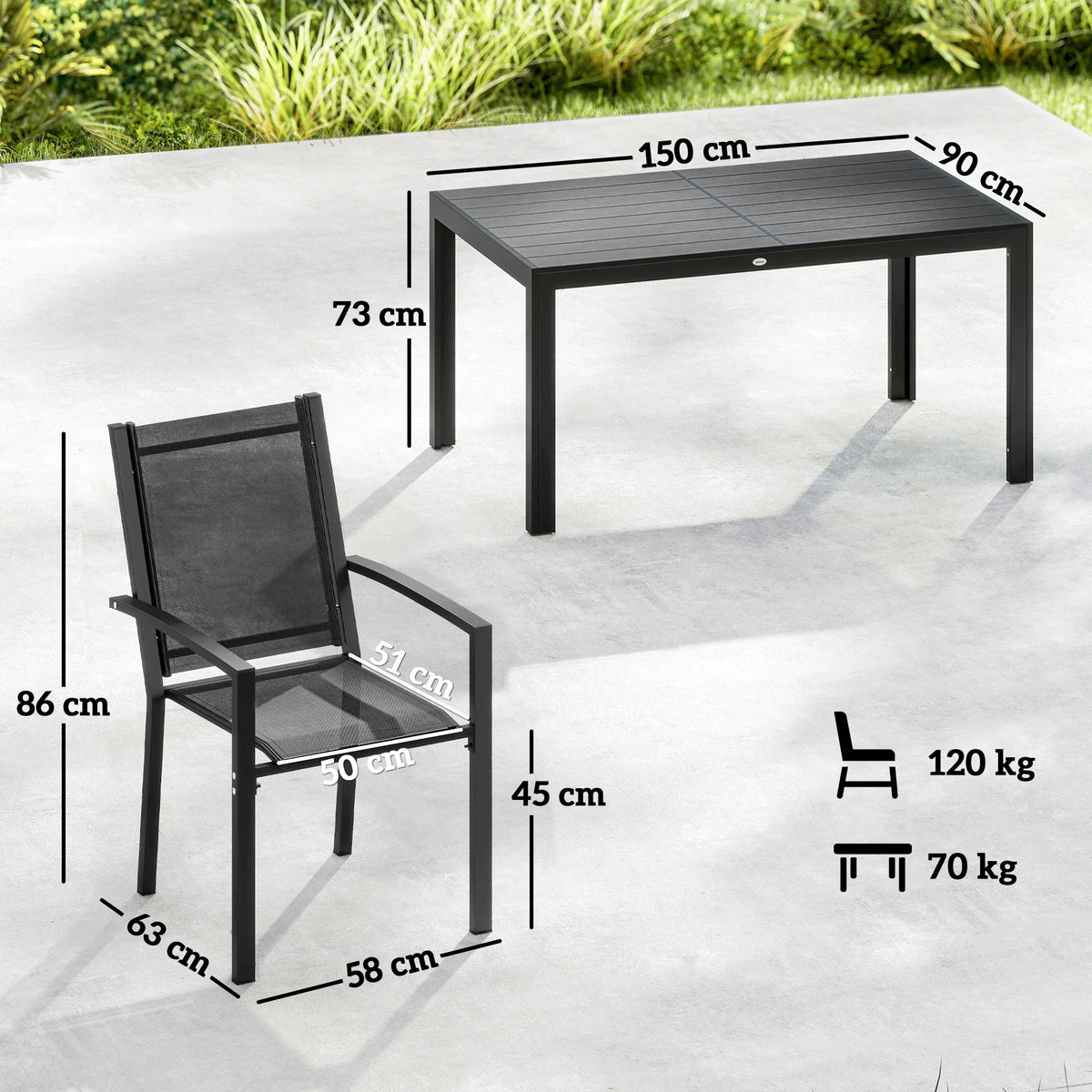 Black dining table and stackable chair shown with size measurements