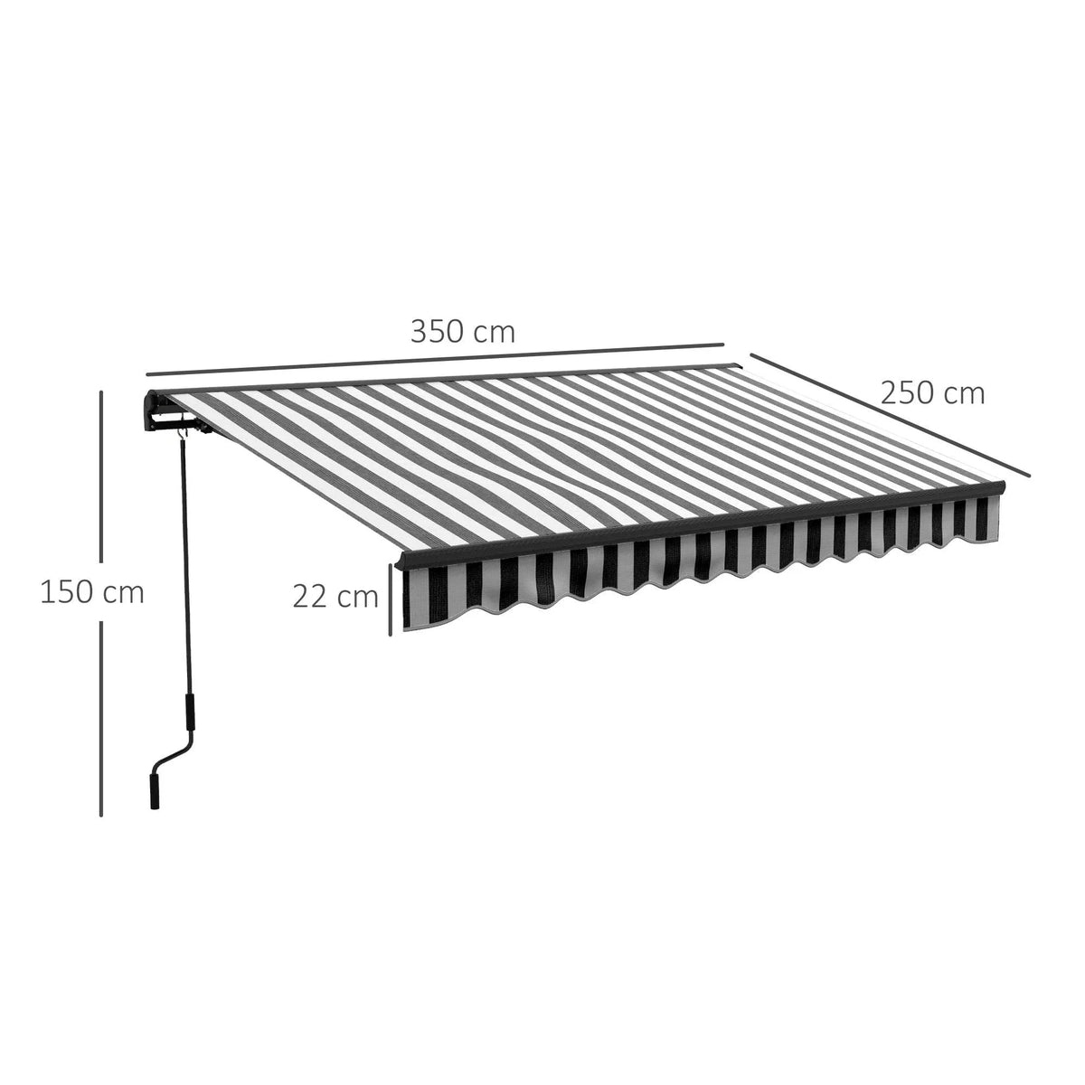 Striped retractable awning frame with dimensions, side view