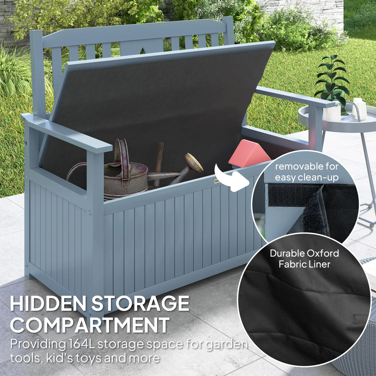 Grey bench with open underseat storage showing removable interior liner