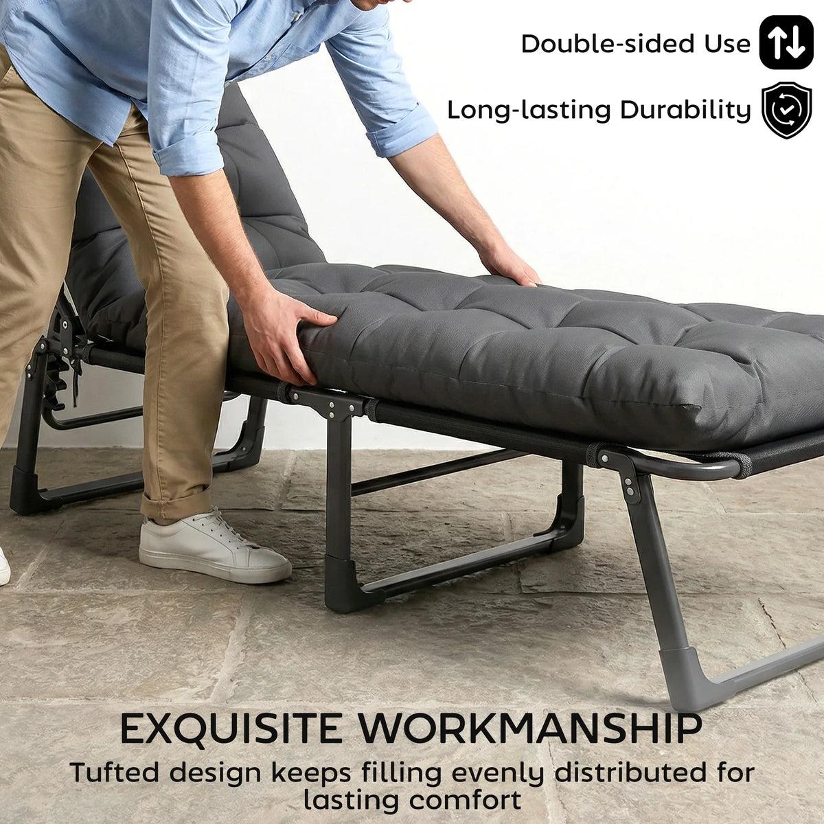 Dark grey sun lounger replacement cushion being adjusted on a lounge chair