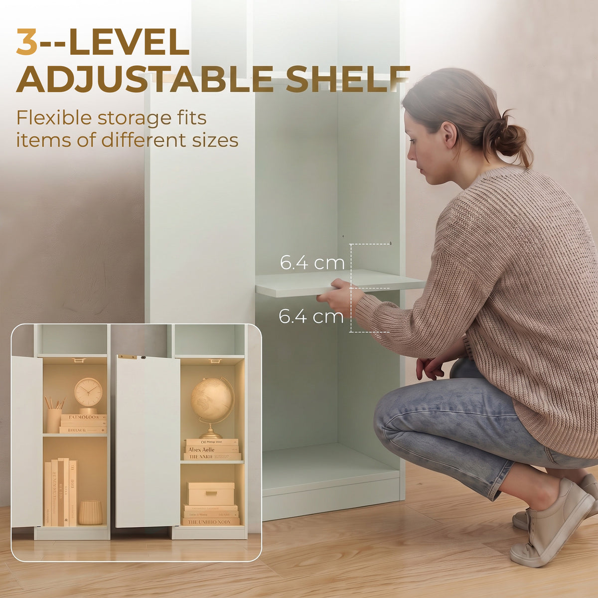 Light green 6-tier bookcase with adjustable shelves and step-by-step shelf spacing