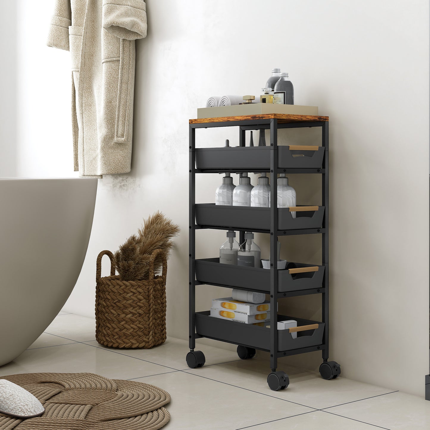 HOMCOM 5 Tier Storage Trolley On Wheels Black With Wood Effect Top Kitchen Cart For Small Spaces