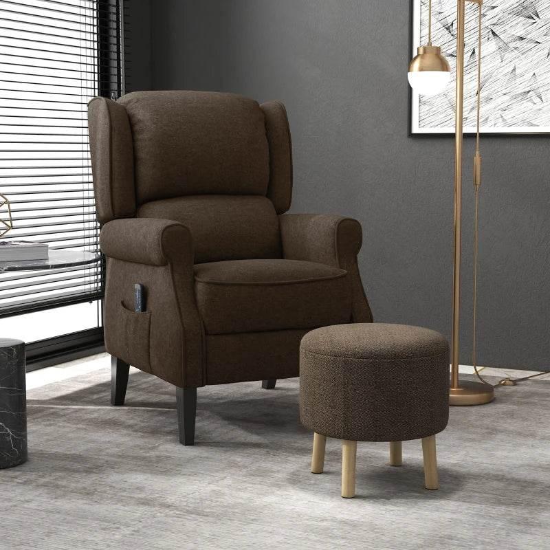 Brown round upholstered storage ottoman stool with padded seat and wooden legs
