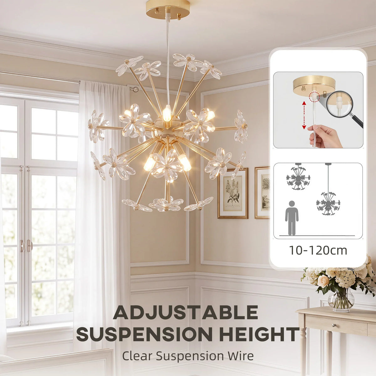 Crystal flower ceiling chandelier with gold canopy and clear suspension wire, multiple crystal arms