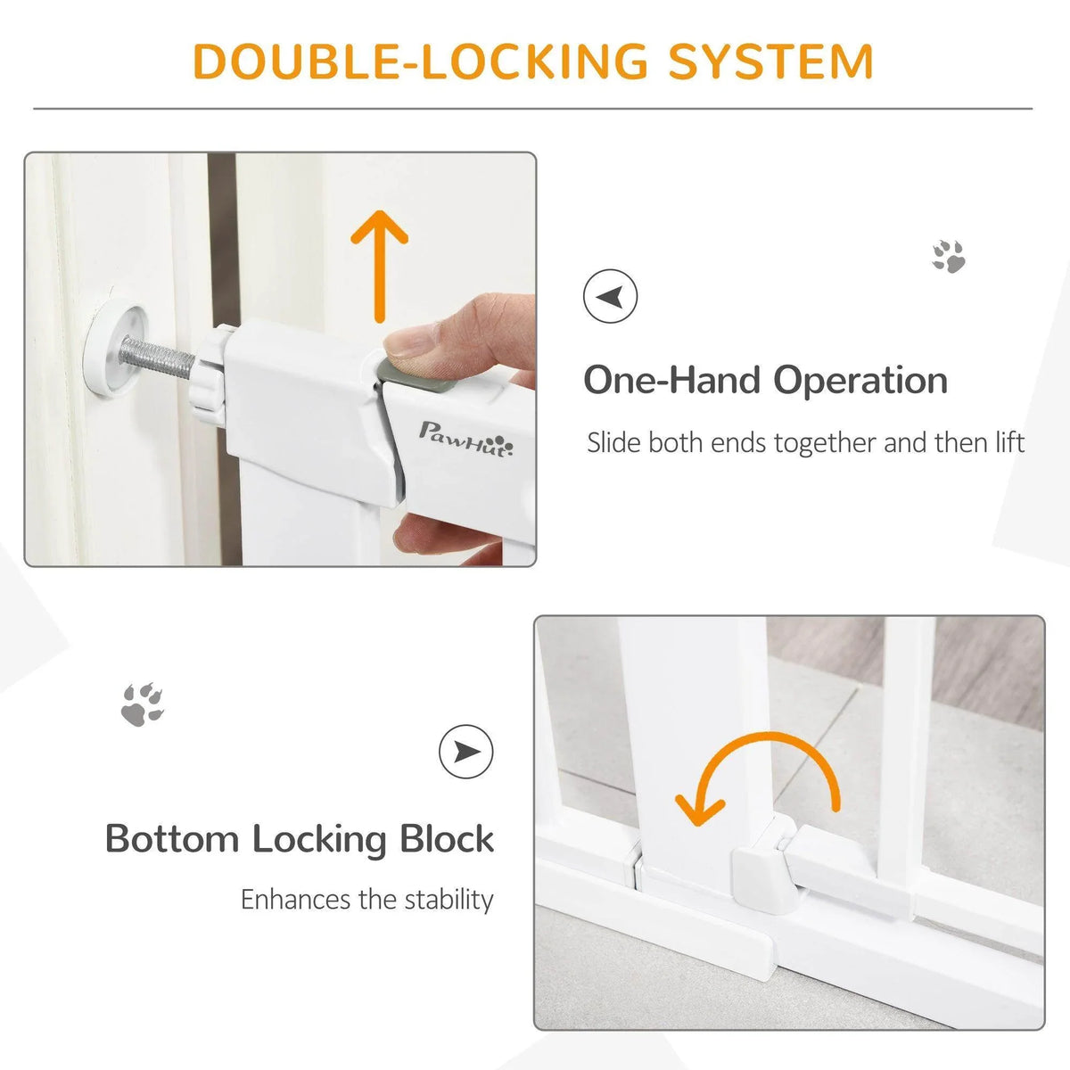 Double-locking pet gate latch with one-hand operation slide-and-lift mechanism