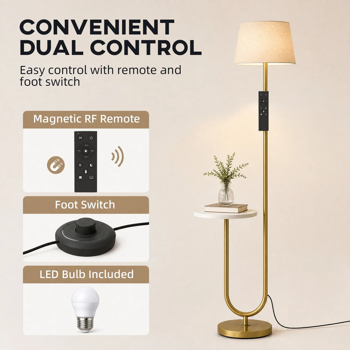 Dimmable floor lamp with linen shade, magnetic RF remote, and foot switch controls