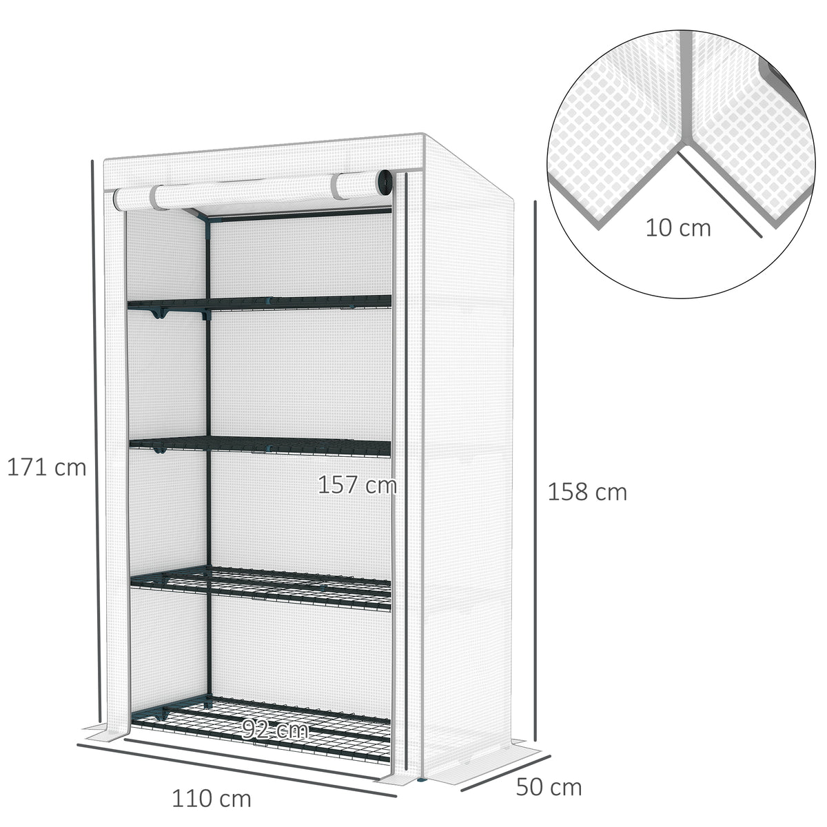 White mini greenhouse frame with labeled dimensions and shelves, side view