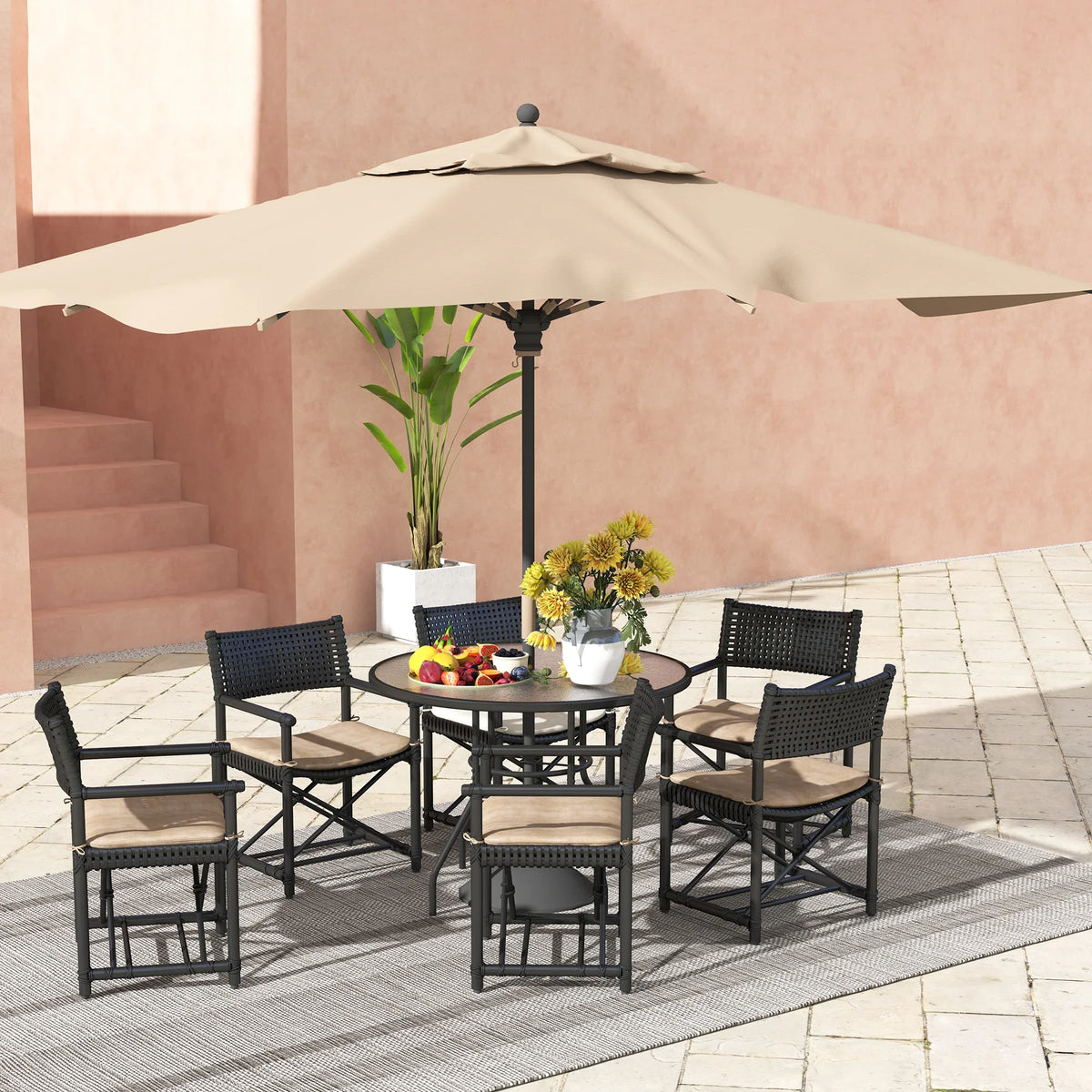 Outdoor round bistro table with umbrella hole, black steel frame, and tempered glass top