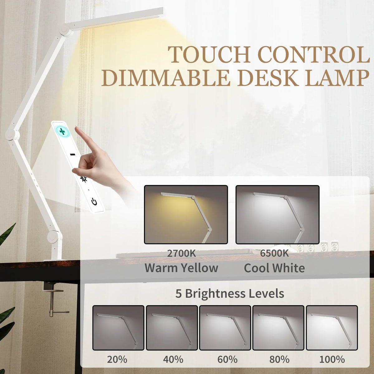 White LED desk lamp with touch control on the base and adjustable swing arm