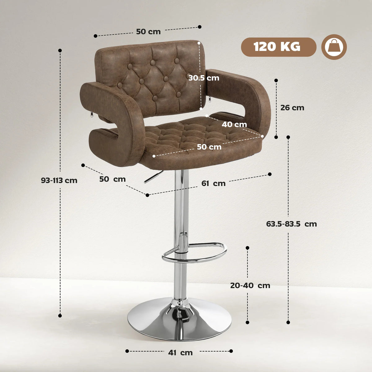 Brown height-adjustable swivel bar stool with tufted back, armrests, and footrest.