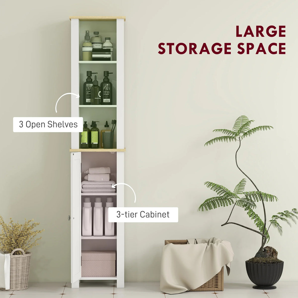 White cabinet with three open compartments for bottles and toiletries; adjustable shelves