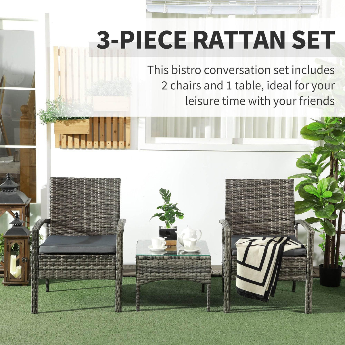 3-piece grey rattan bistro set: two chairs with cushions and a square table