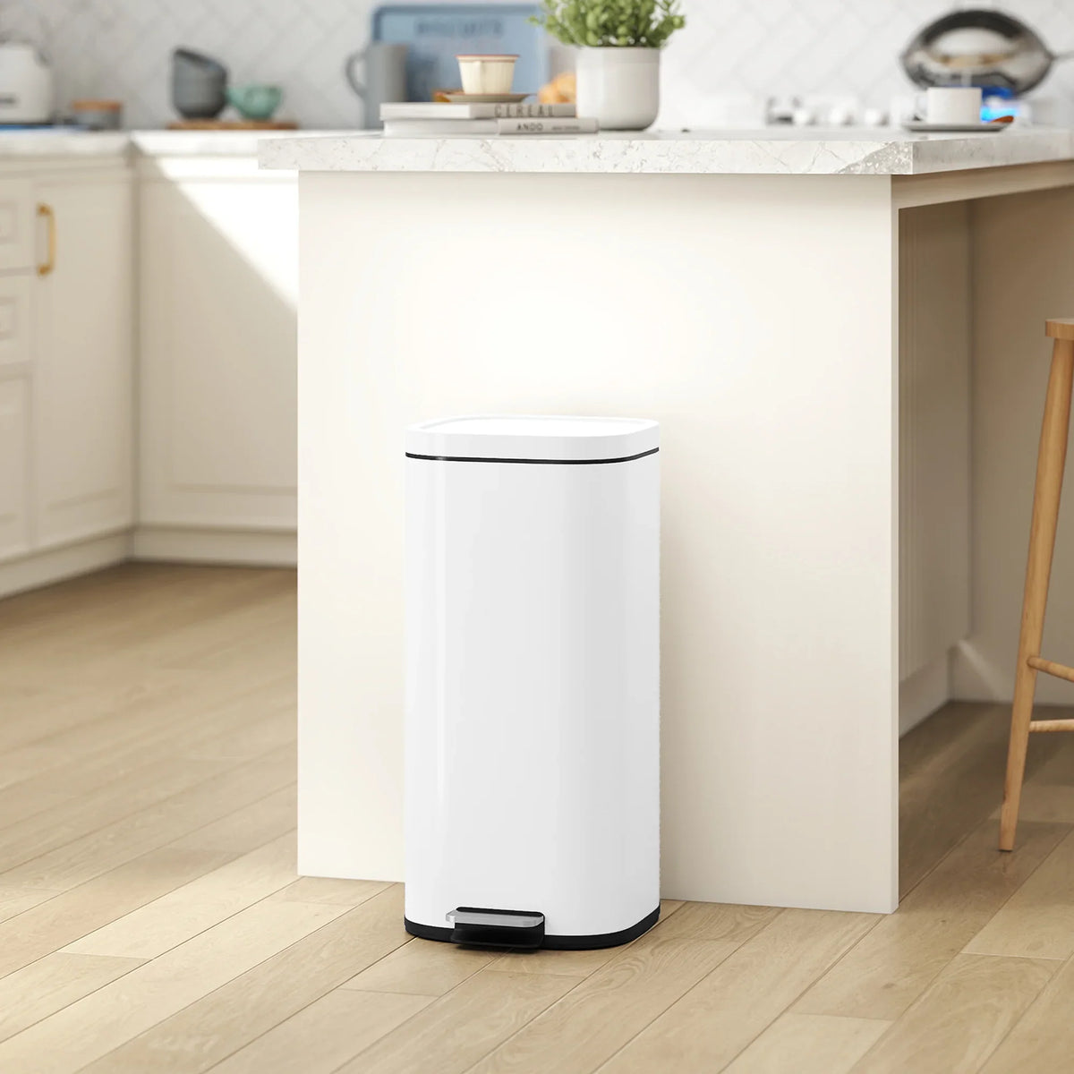 White compact kitchen pedal trash can with soft-close lid and black foot pedal