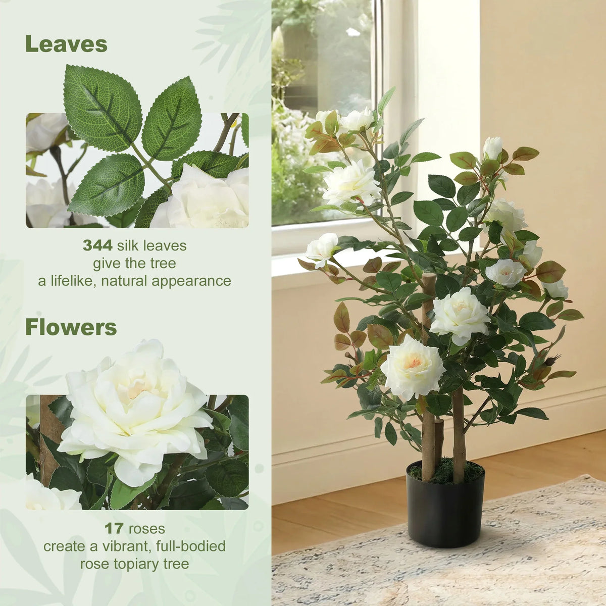 Artificial rose tree detail: green silk leaves and large white flowers in black pot