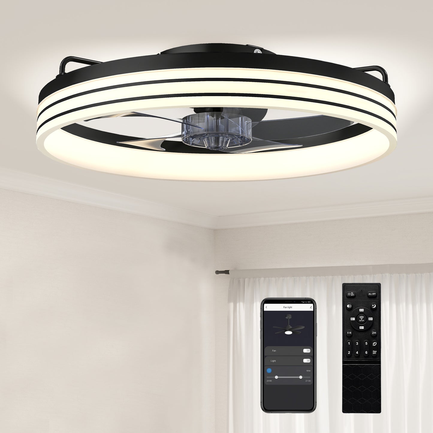 HOMCOM 50cm LED Ceiling Fan With Light, Remote And App Control, 3 Colour Temperatures, 6 Speeds, Black