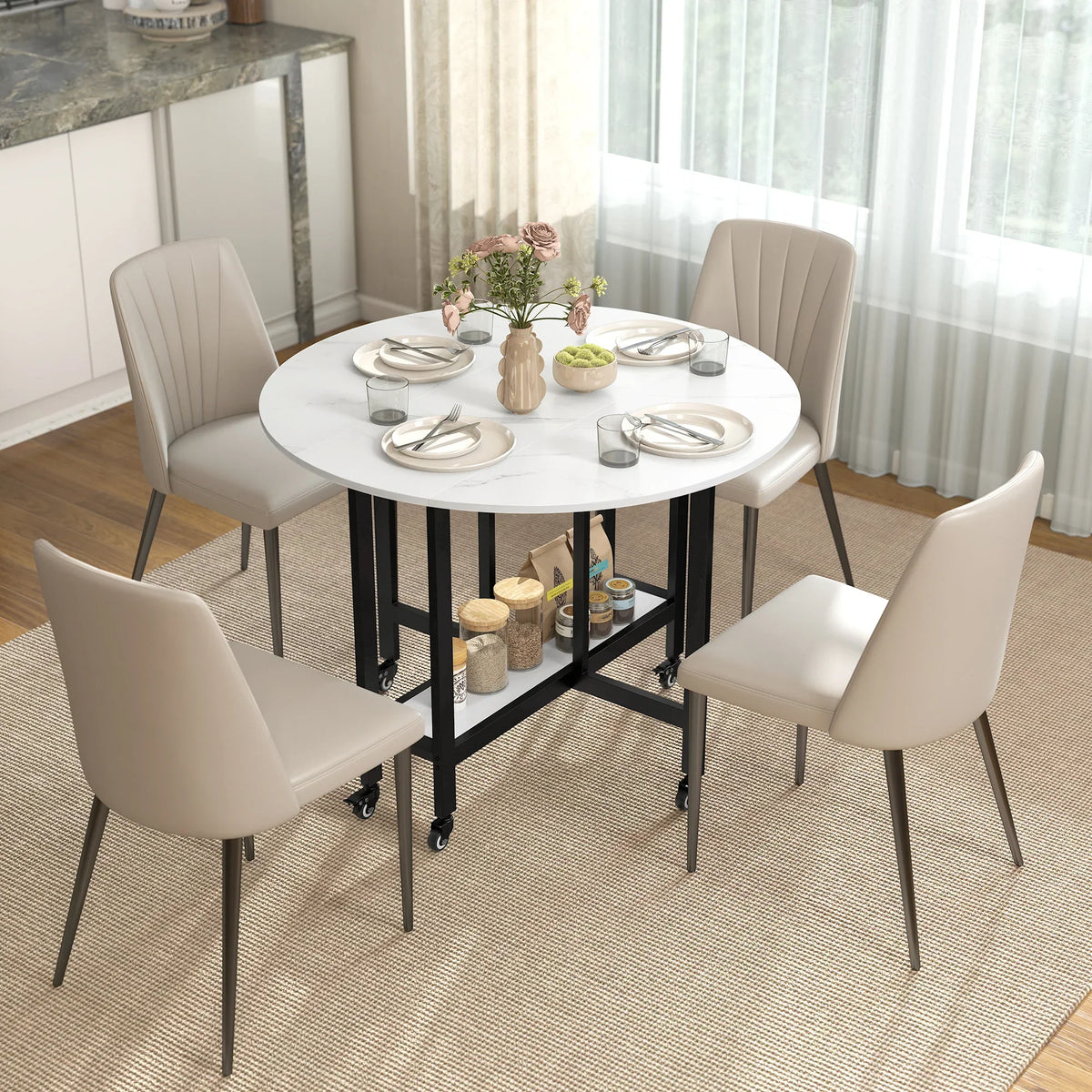 Round folding dining table with white top, black base, open shelf, and four caster wheels