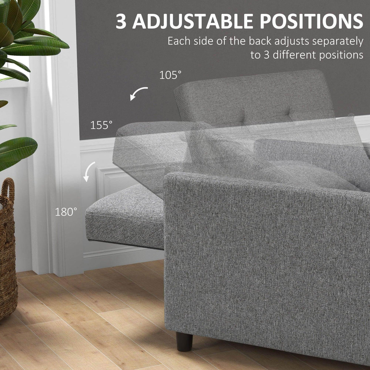Grey adjustable convertible sofa bed with reclined backrest positions