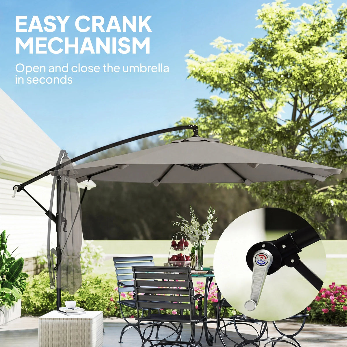 Gray cantilever parasol with crank lift mechanism and open umbrella canopy