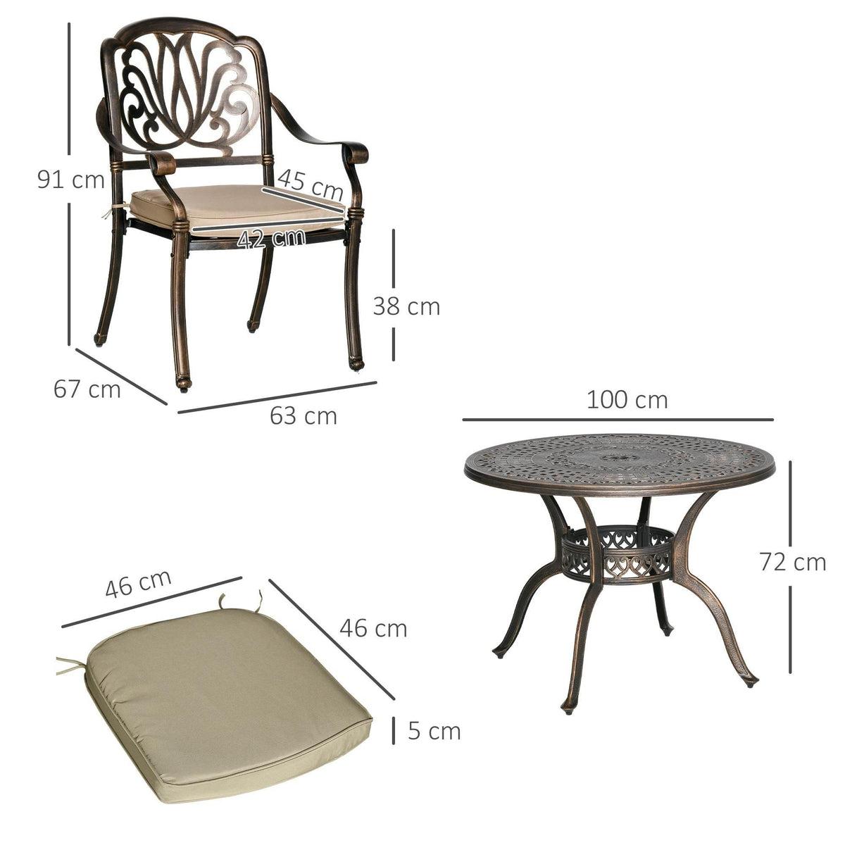 Outdoor dining set size diagram showing chair and cushion dimensions plus round table