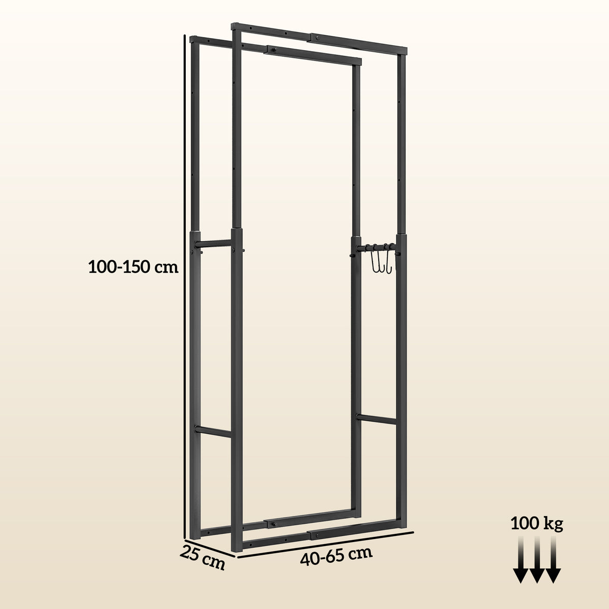 Black retractable log rack frame set with hanging hooks and side supports