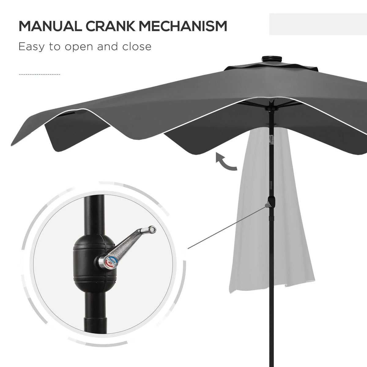 Dark grey patio umbrella with manual crank mechanism on center pole