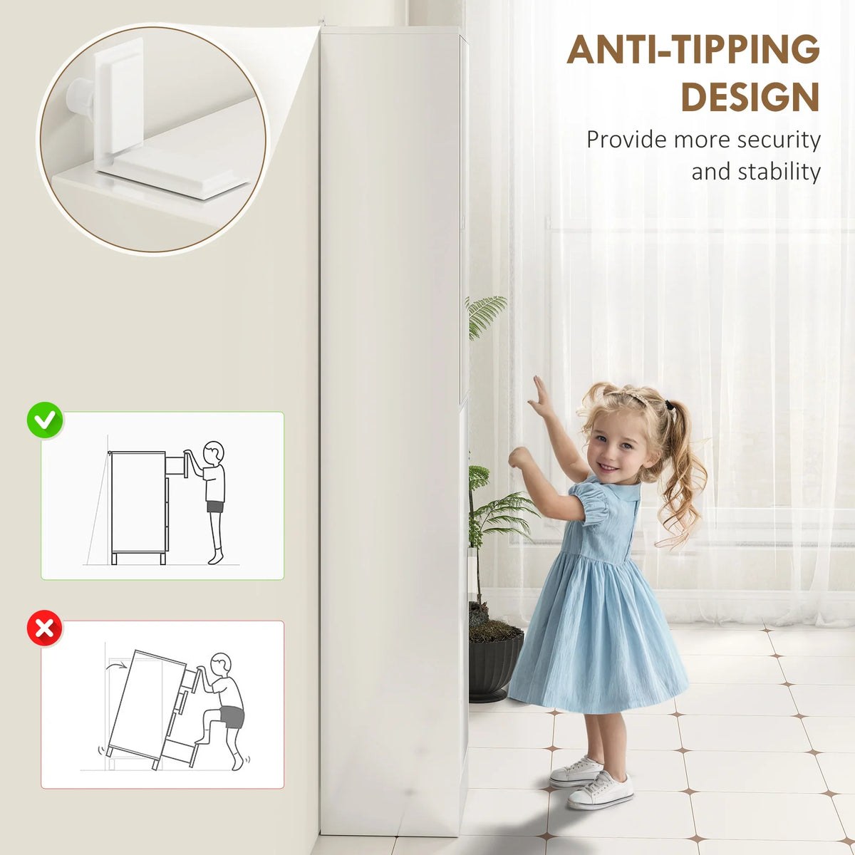 High-gloss white bathroom cabinet with mirrored door and anti-tipping design