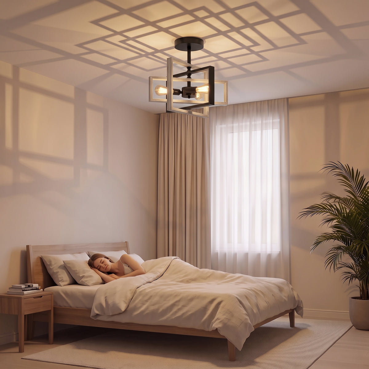 Industrial ceiling light glowing in bedroom with pine-wood and black metal layered frame