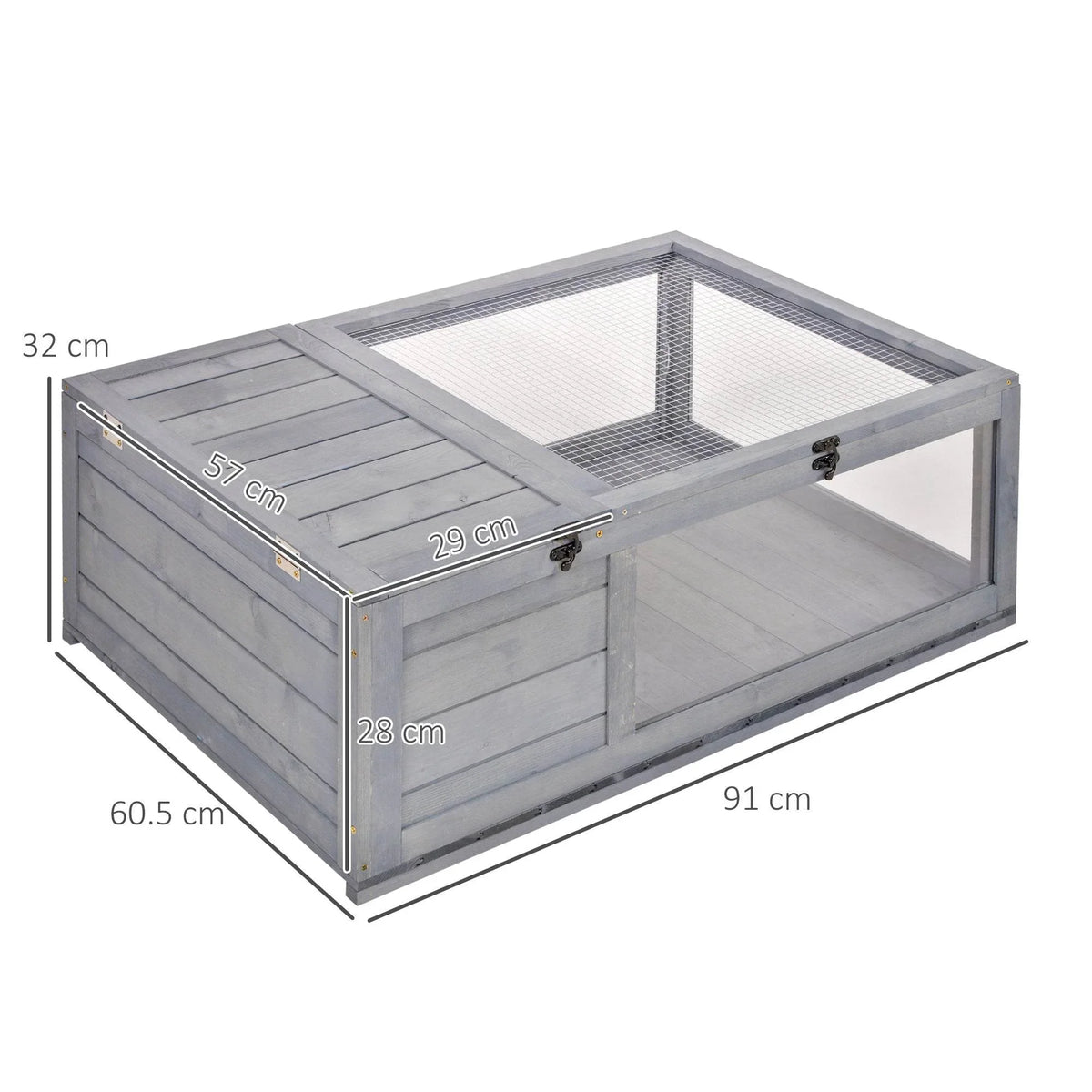 Grey wooden tortoise enclosure with ventilated mesh roof and front latch