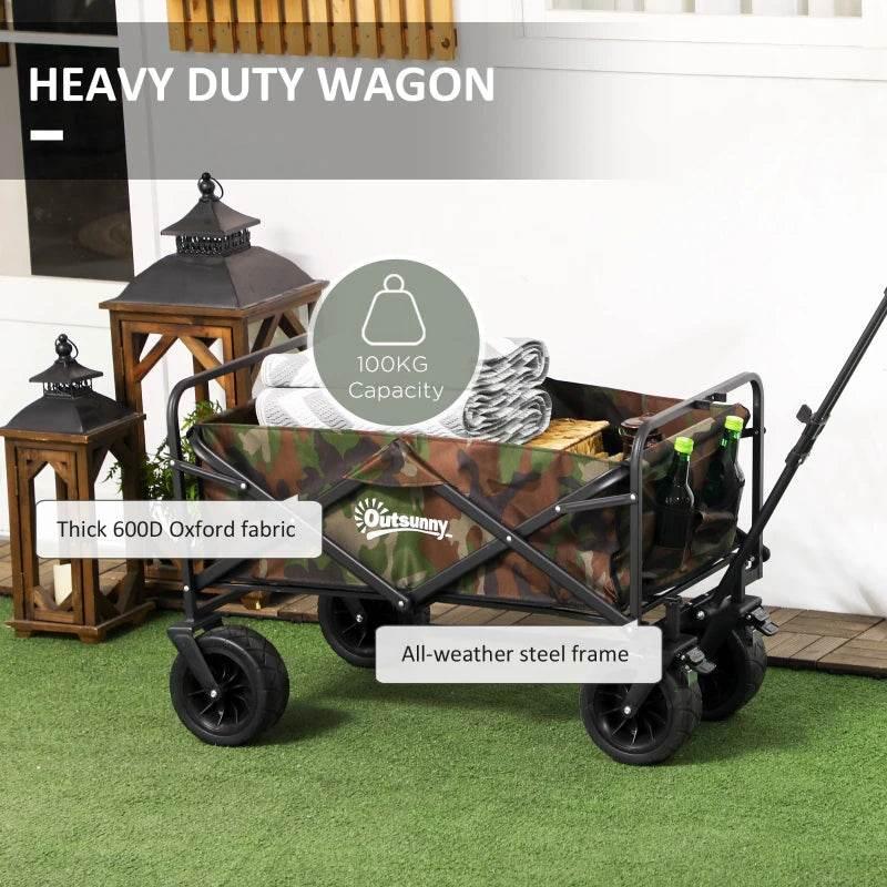 Heavy-duty steel frame garden trolley with camouflage Oxford fabric and four wheels