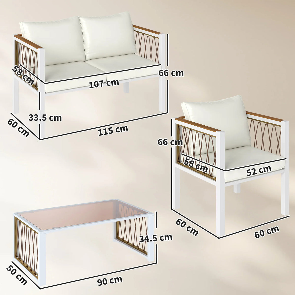 Loveseat and armchairs layout with cream cushions, white frames, and table dimensions