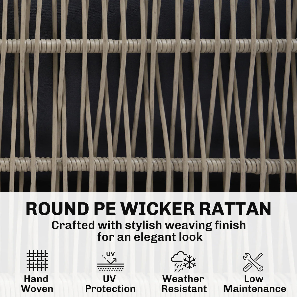 Close-up of round wicker rattan weave on grey patio furniture frame