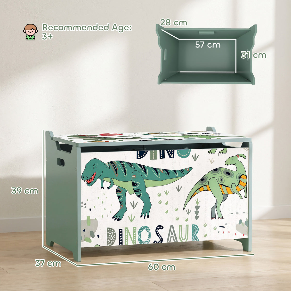 Green kids wooden toy storage chest with dinosaur print front and measurements shown