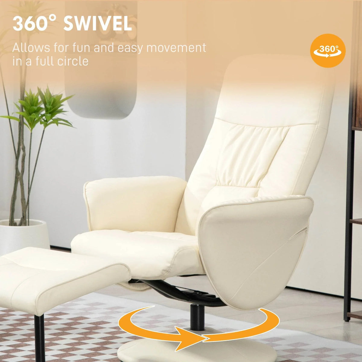 Cream swivel recliner chair with matching ottoman, showing 360-degree swivel base