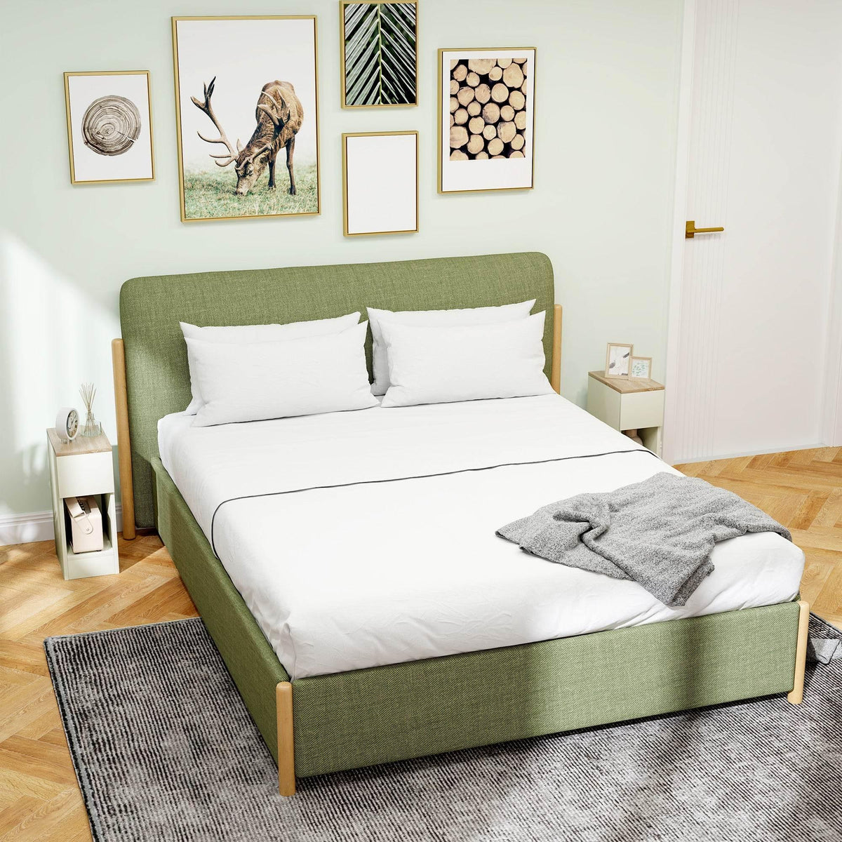 Pair of white bedside tables with drawer and open shelf, light wood top, modern style.