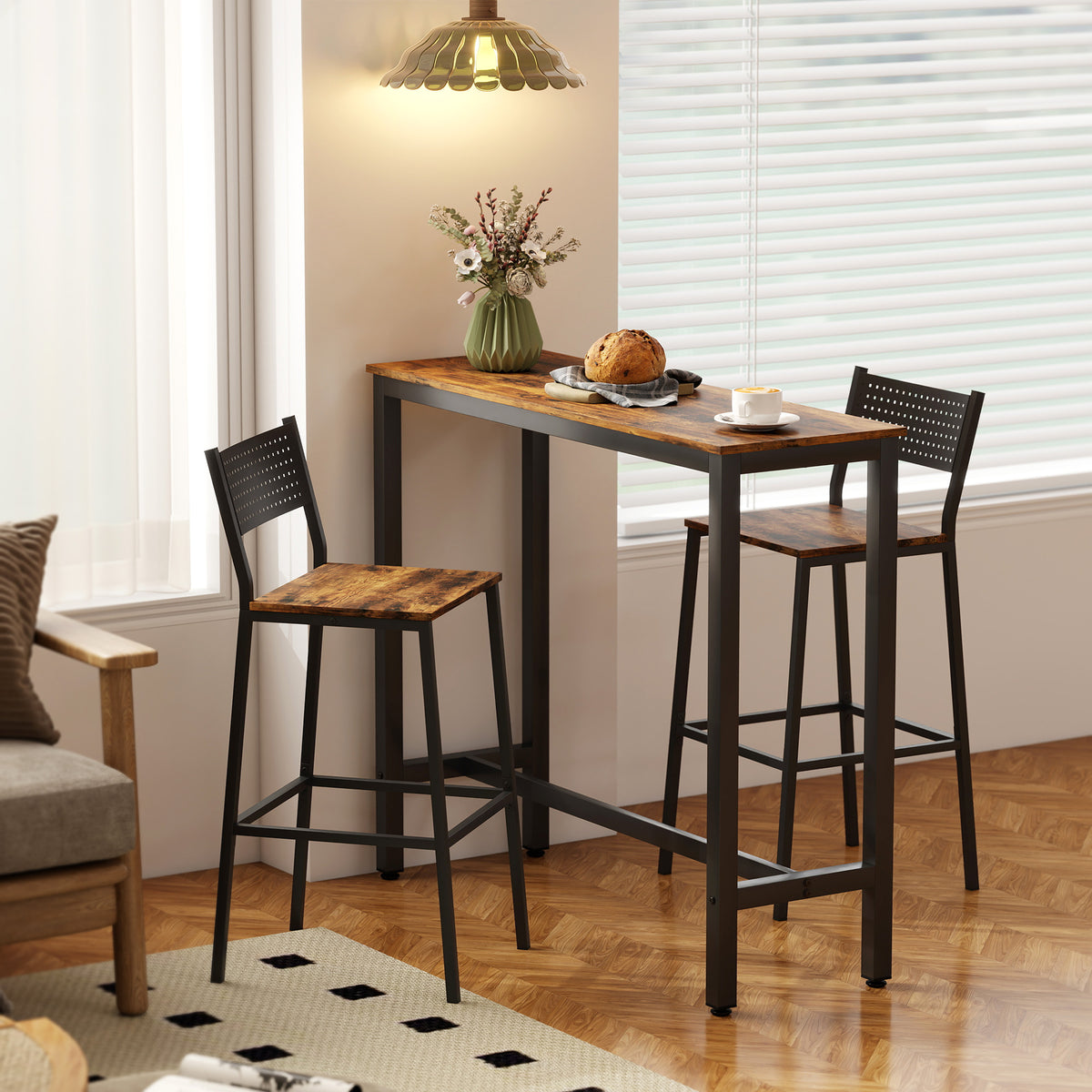 Rectangular kitchen bar table with rustic brown top, dark legs, and two side stools