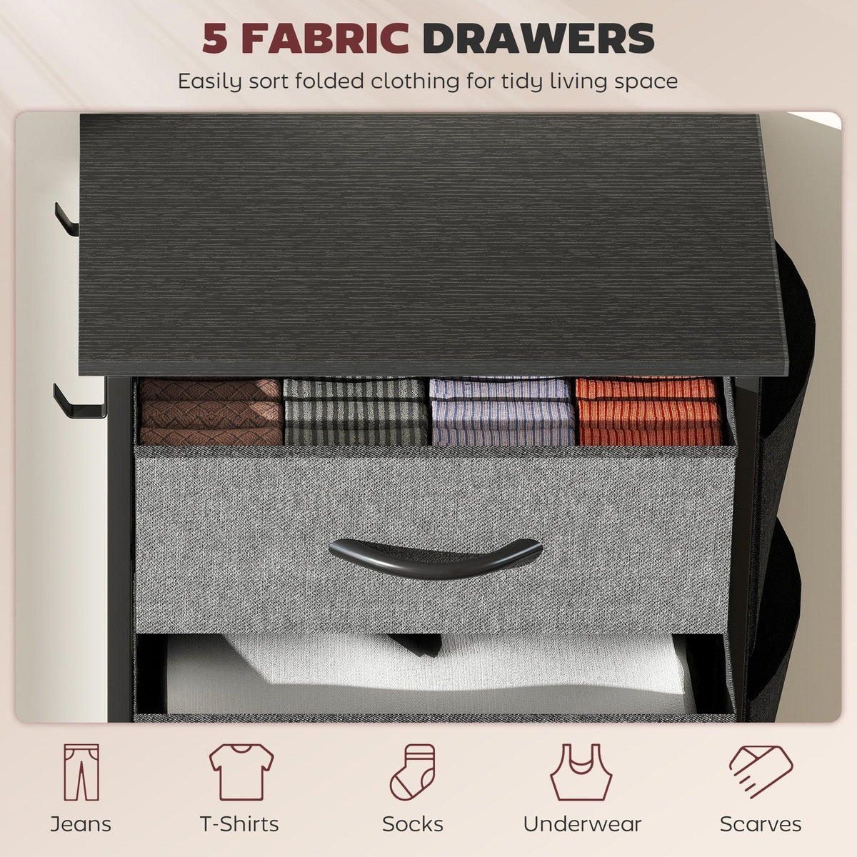 Charcoal grey fabric drawers chest with 5 compartments; open top for folded clothes