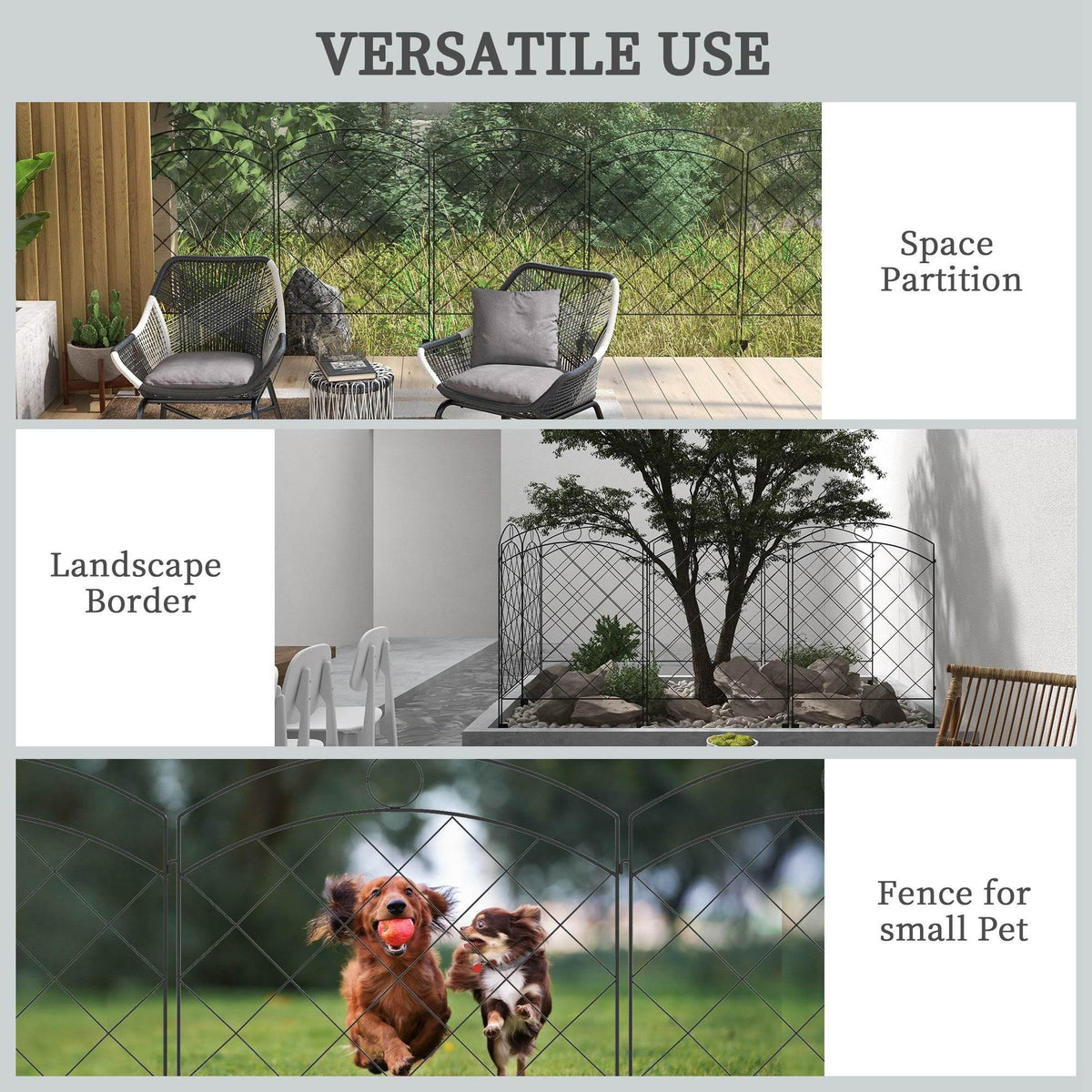 Decorative steel fence panels for landscape borders, pet fencing, and space partition.