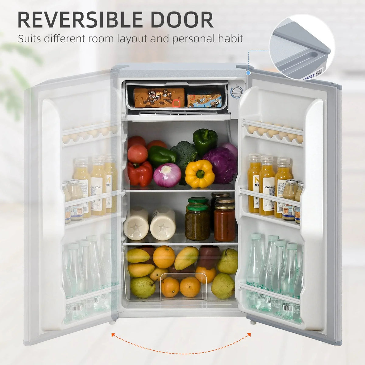 Open refrigerator door with storage racks and salad drawer for small items