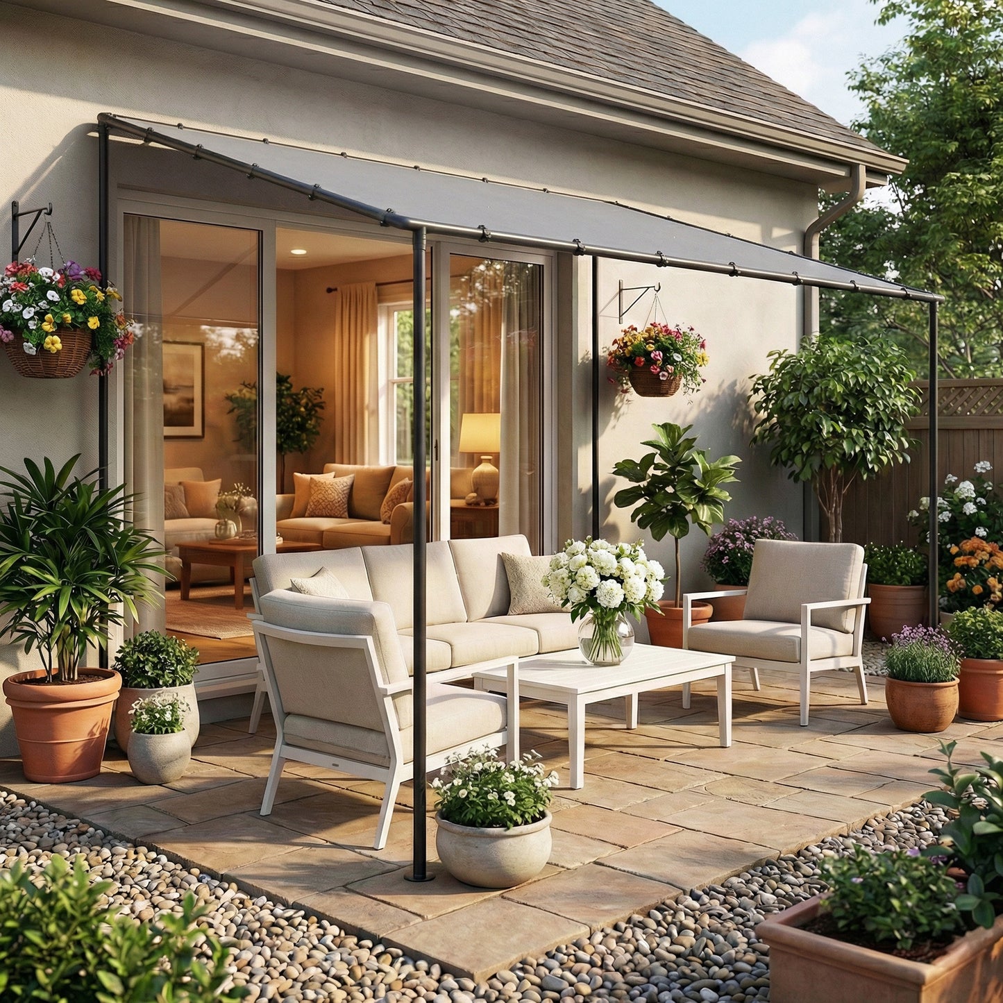 Outsunny 3 x 2 m Lean To Garden Pergola With Metal Frame Gazebo Sloped Roof UPF 30 Protection Drainage Holes Grey