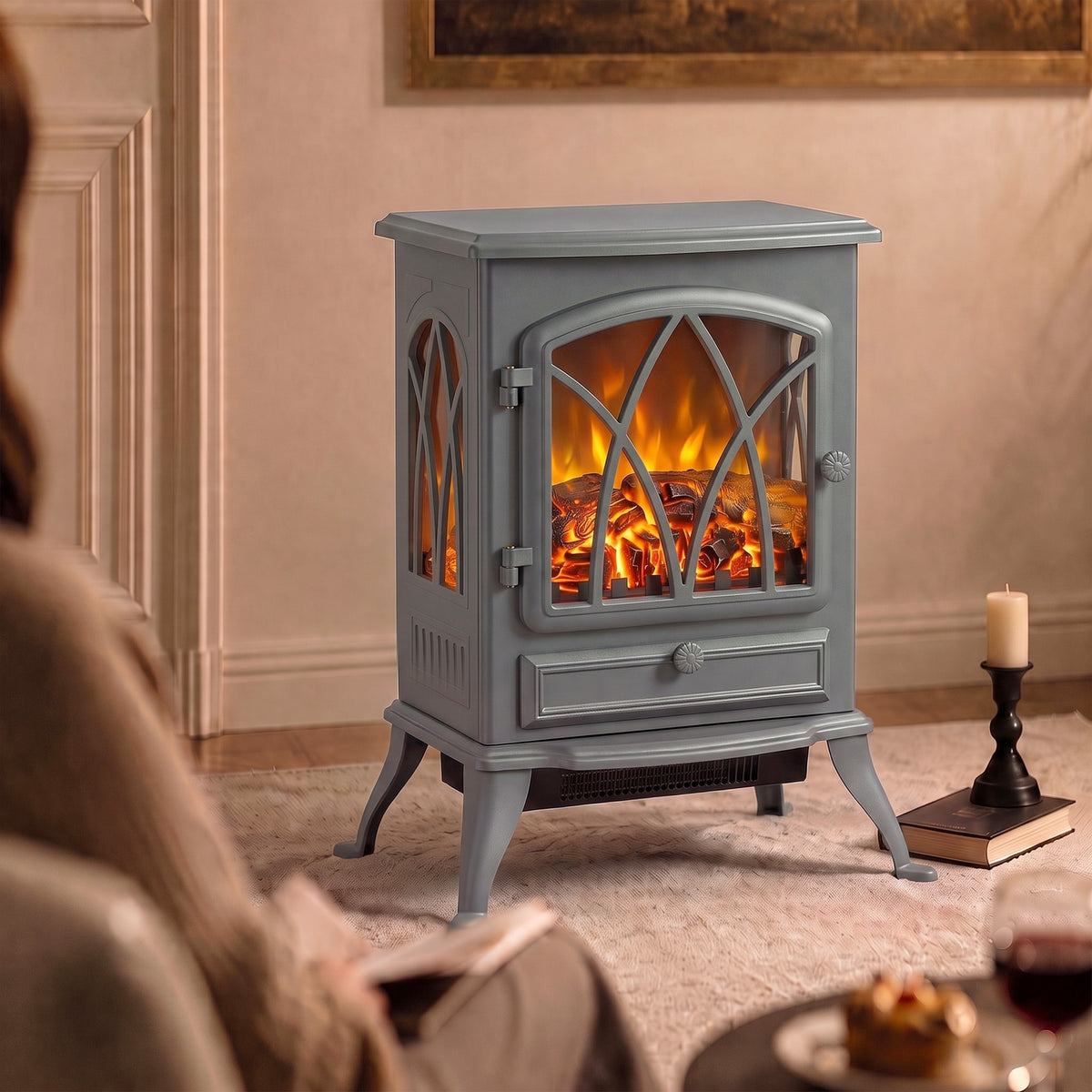 HOMCOM 1KW To 2KW Vintage Electric Fireplace Heater Grey With Thermostat