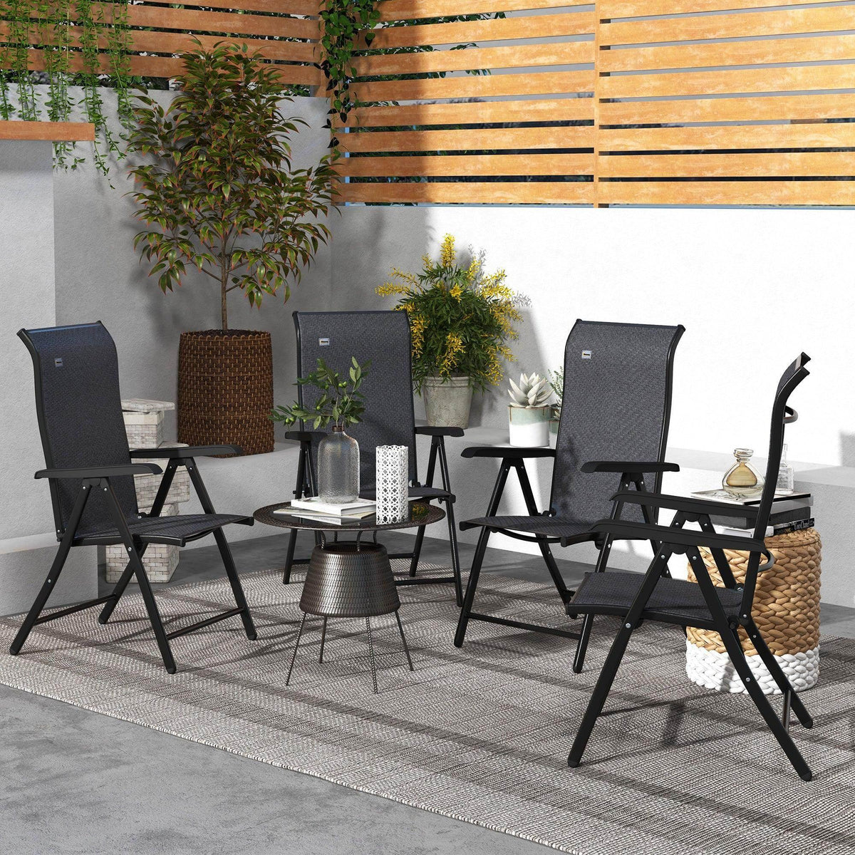 Outdoor rattan folding chair set with 7-level adjustable backrests, dark gray fabric