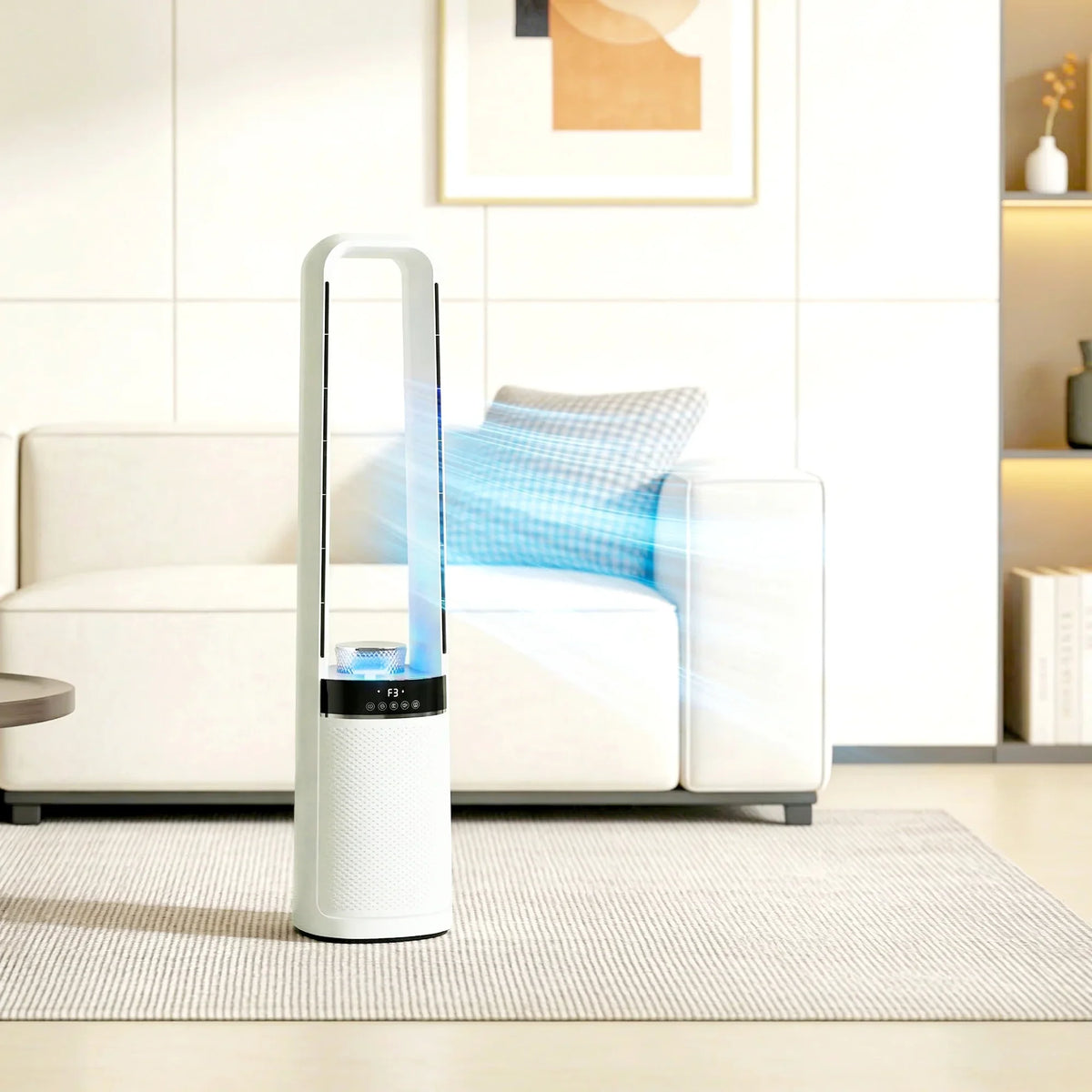 White bladeless tower fan with blue LED airflow column