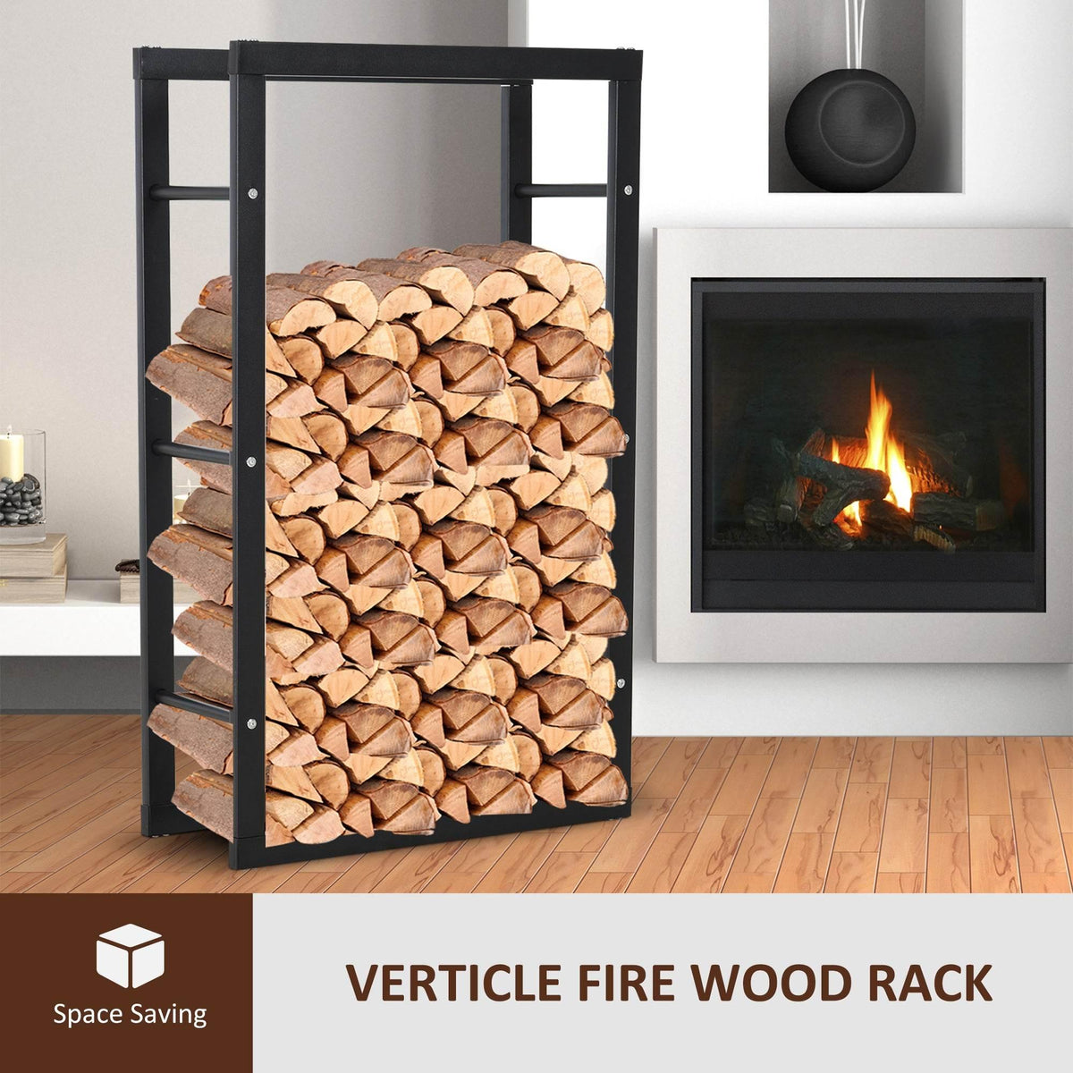 Tall black metal log holder with neatly stacked firewood beside fireplace