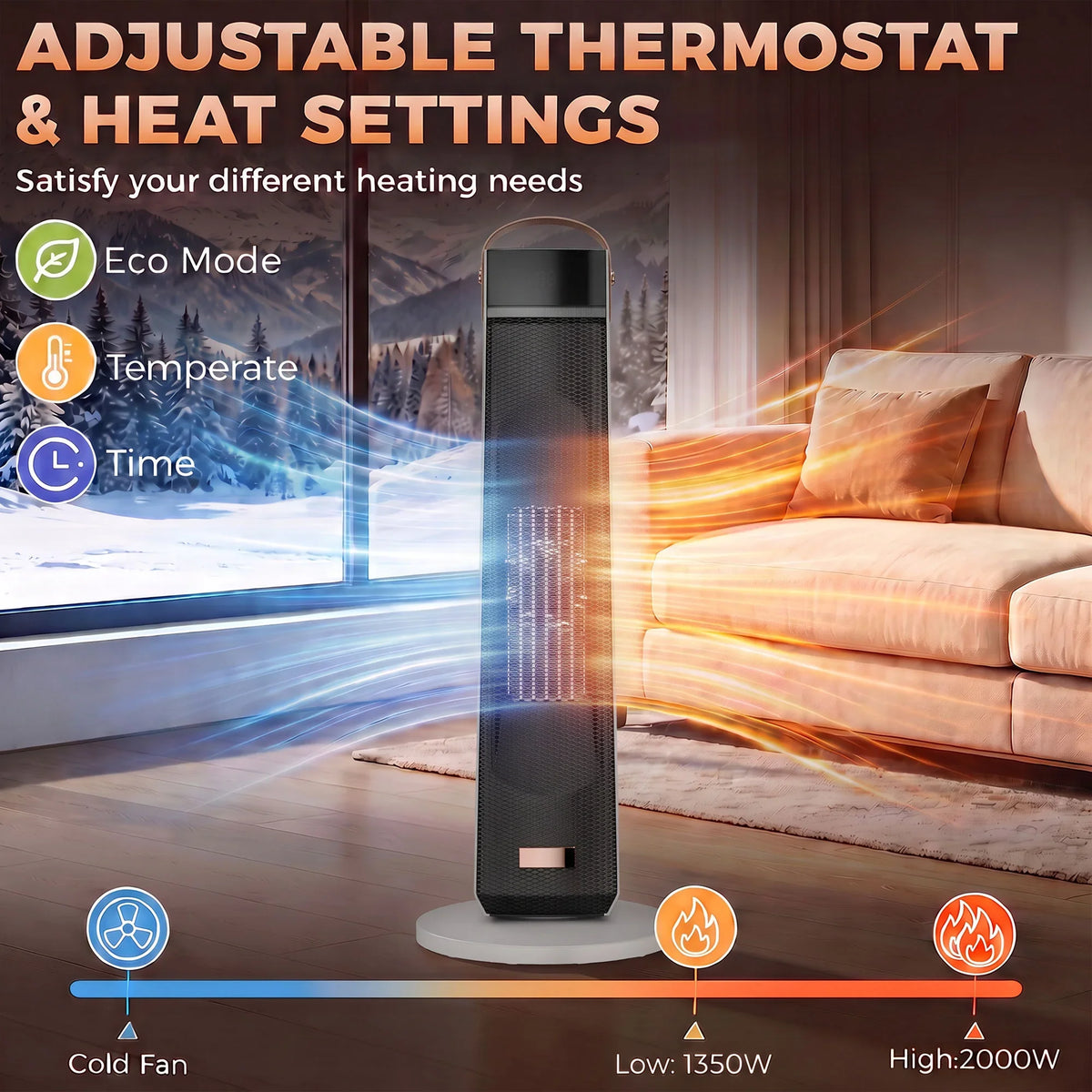 Portable ceramic tower heater with flame-effect glow and mesh intake front